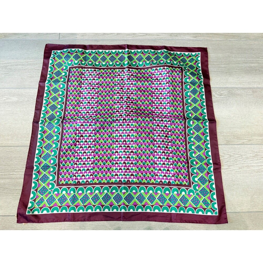 Vintage Sillook Japanese Geometric Scarf Scallop | Green and Purple | 27" Square - Picture 2 of 15